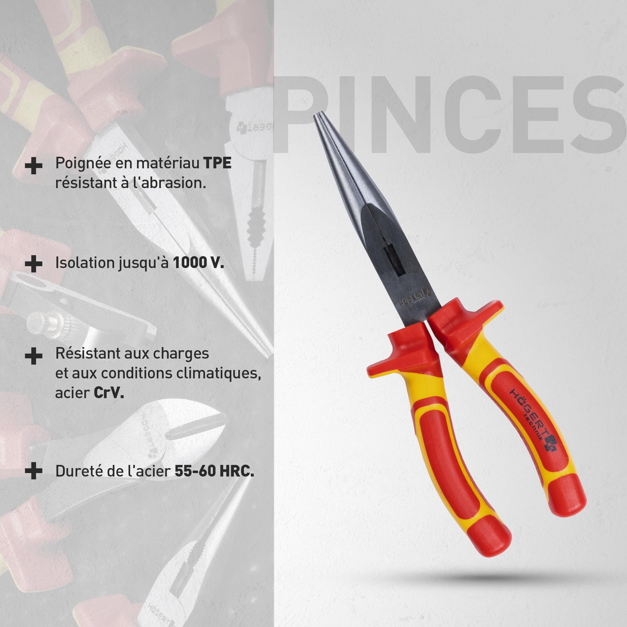 HÖGERT TECHNIK Lot de 12 outils électriciens isolés 1000 V tournevis manuel, tournevis plat et cruciforme, pinces, test de tension, coffret en plastique