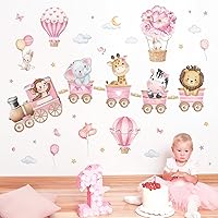 Vista 4 de decalmile Calcomanías de pared de tren de animales rosados, elefante, león, globo aerostático, calcomanías de pared para dormitorio de niñas