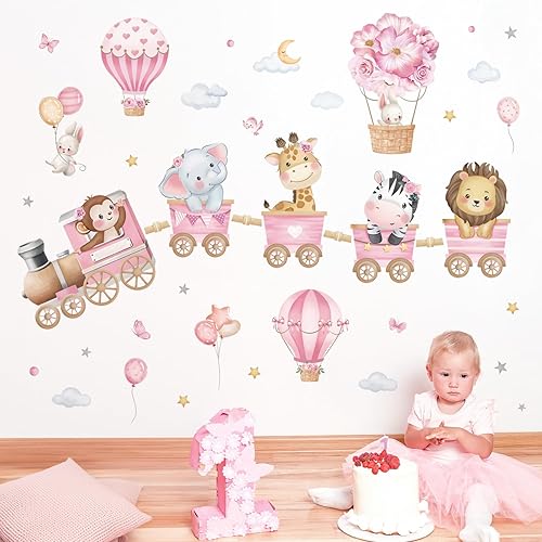 Miniatura 4 de decalmile Calcomanías de pared de tren de animales rosados, elefante, león, globo aerostático, calcomanías de pared para dormitorio de niñas,