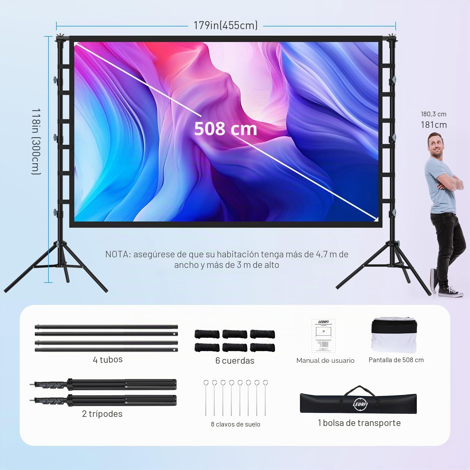 Pantalla de Proyección 200 Pulgadas con Soporte: Pantalla Proyector Portátil Grande para Exterior, Tela Proyección Delantera/Trasera Interior, Sin Arrugas y Bolsa de Transporte para Cine Jardín
