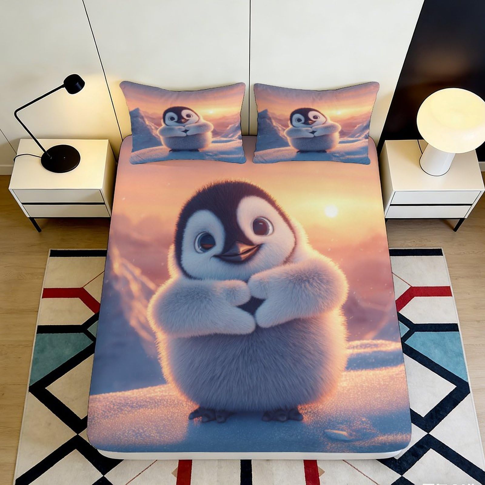 3D Printed Cute Penguin Fitted Sheet Microfiber Soft Decorative Sunset Bed Cover for Bedroom Guest Room Dorm 90x200x25cm