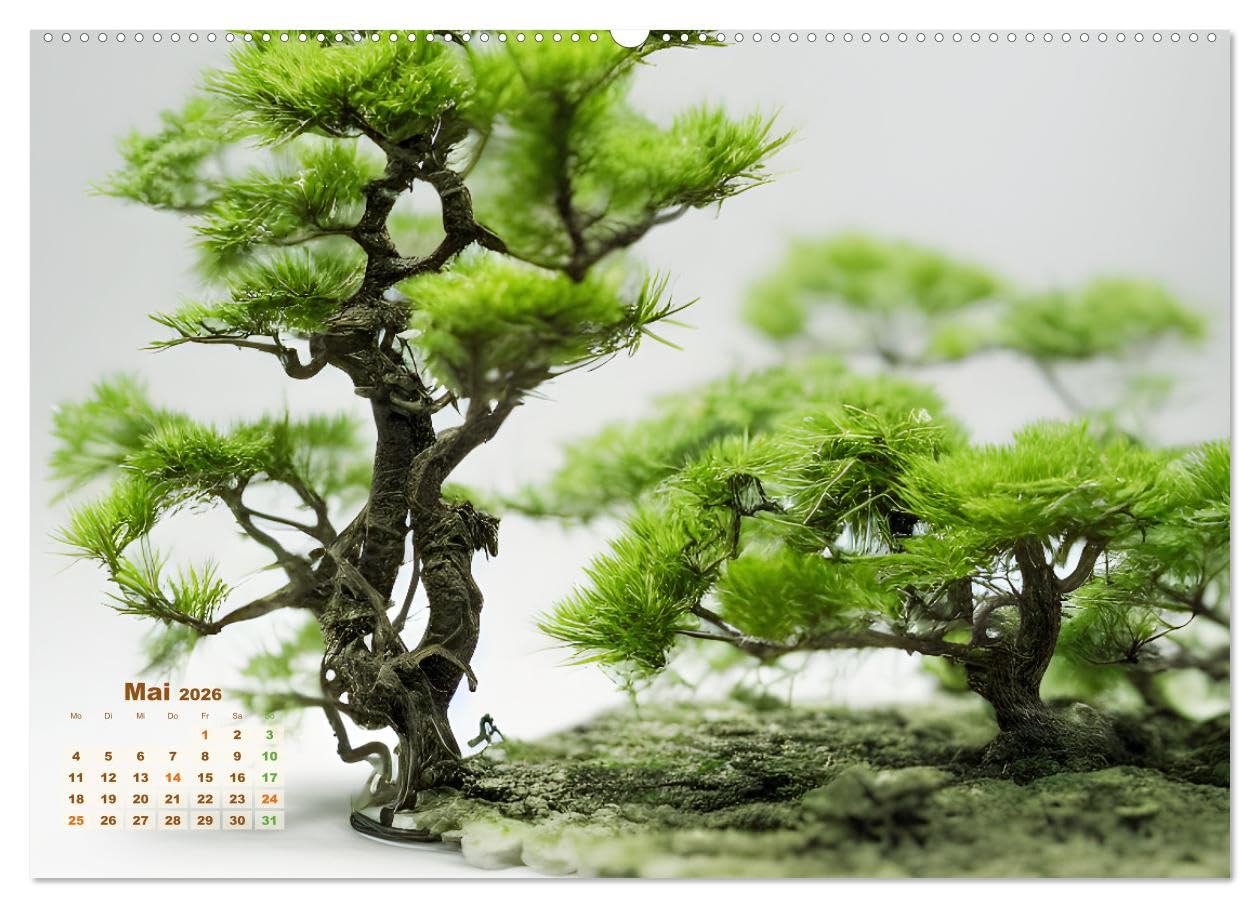 Täuschend echt KI-Bonsais (hochwertiger Premium Wandkalender 2026 DIN A2 quer), Kunstdruck in Hochglanz: Bonsaibäume stellen ursprünglich eine ... und Kunstform dar. (CALVENDO Natur)