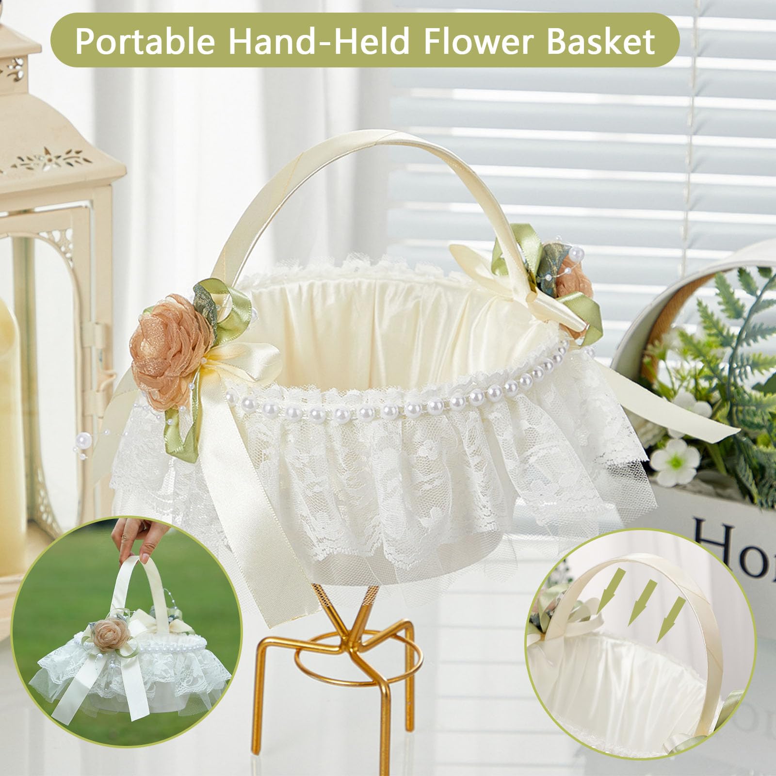 Cesto Fiori Matrimonio - In Tessuto E Pizzo, Bianco, 18x9x20 Cm, Per Ragazze Fiori E Decorazioni - Foto 6