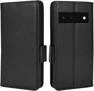 LTLGHYL Funda para Google Pixel 6/6Pro/6A, funda tipo libro con diseño de litchi, piel sintética, con ranuras para tarjetas con función atril, color negro, 6 de 6,4 pulgadas