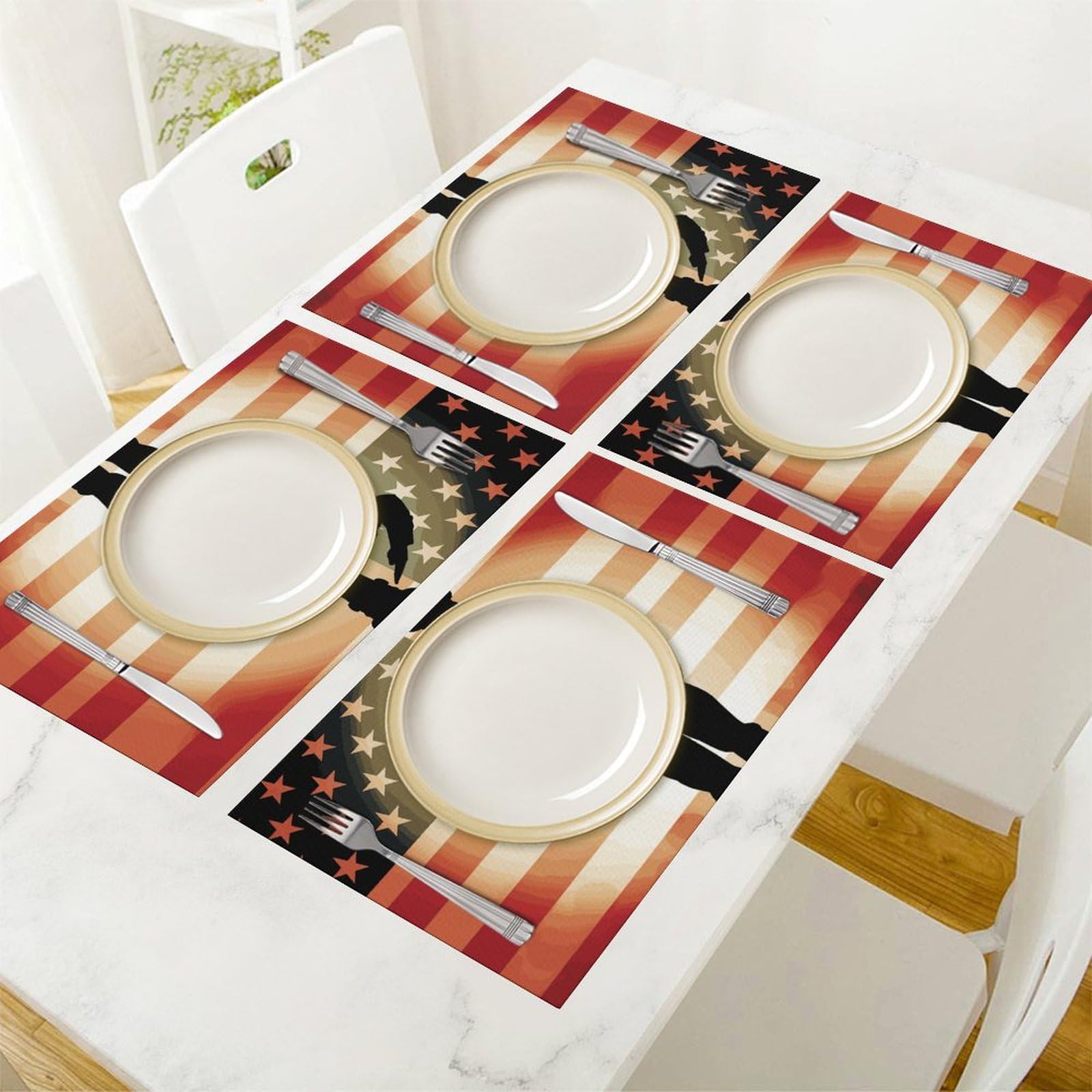 Soldier Saluting America Flag Tovagliette all'americana 6 tovagliette in PVC, lavabili, resistenti al calore, antiscivolo, impermeabili, set di tovagliette per interni ed esterni, tavolo da pranzo in