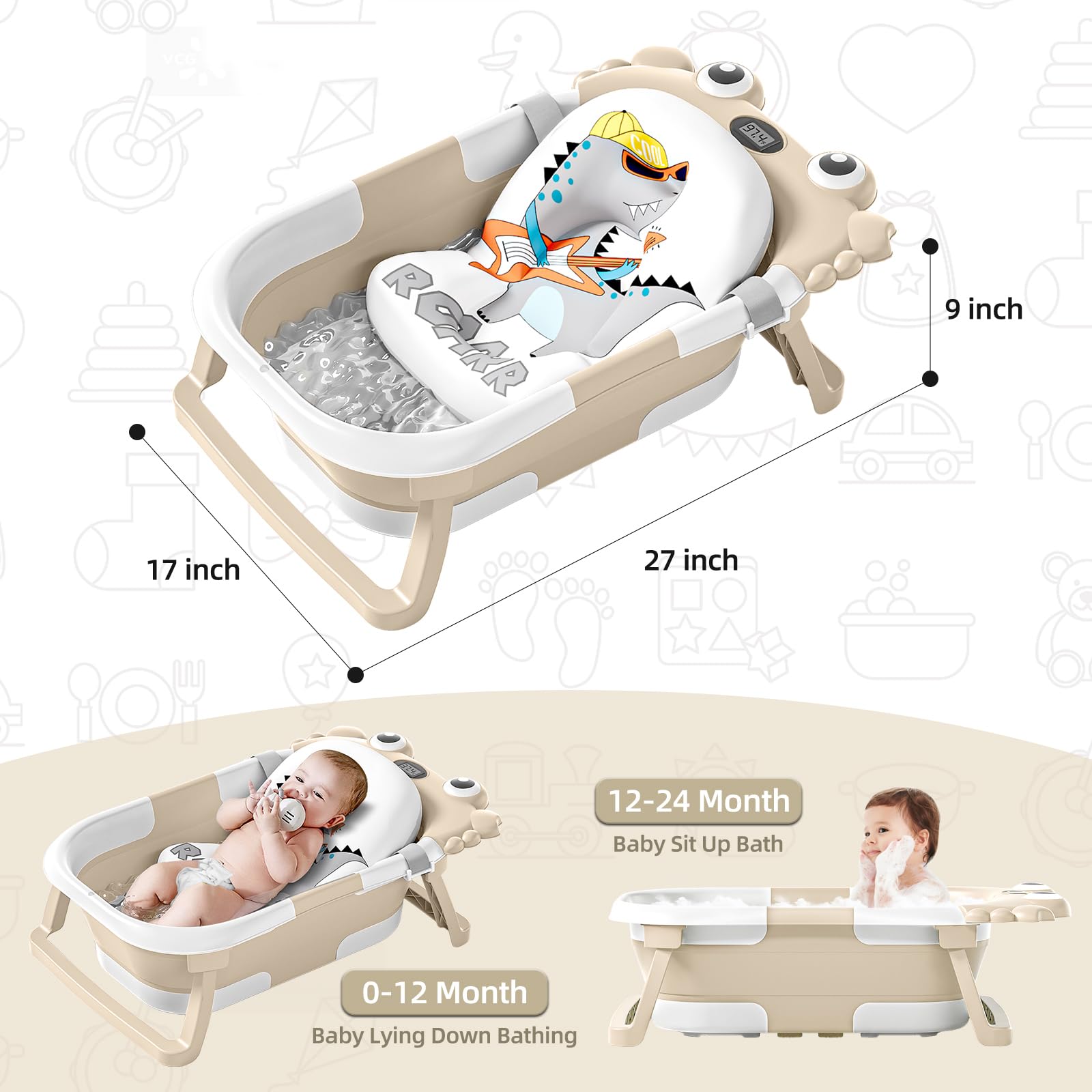Bañera plegable para bebés y niños pequeños con monitor de temperatura en tiempo real + cojín flotante, juego de bañera plegable para bebés de 0 a 36 meses, bañera portátil de viaje para recién