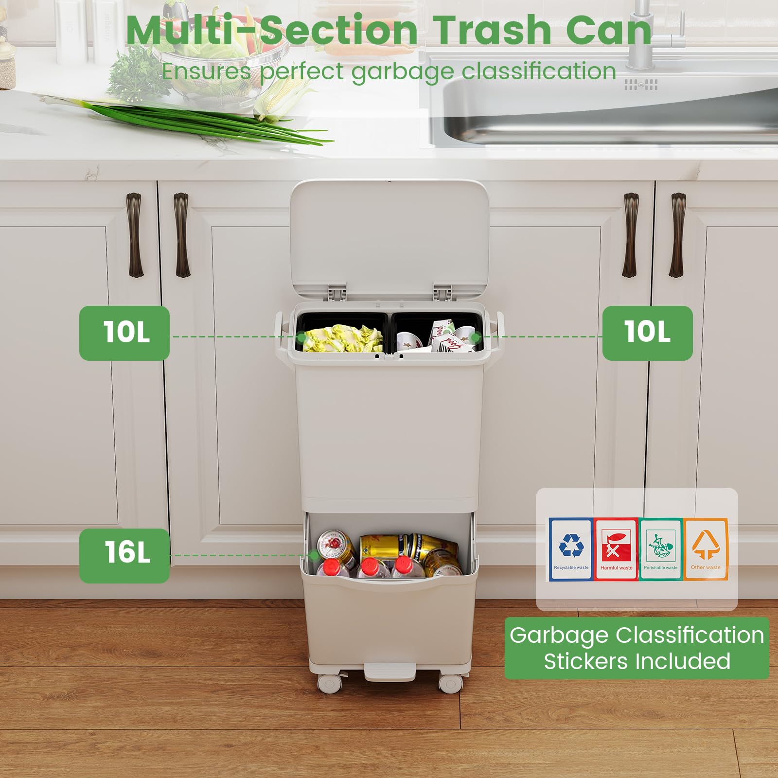 LIFEZEAL Cubo de Basura de Reciclaje 40L, Cubo de Basura Cocina de 3 Compartimentos con Balde Interior, Contenedores de Reciclaje de Pedal con inferior basculante, 42 x 28 x 73.5 cm