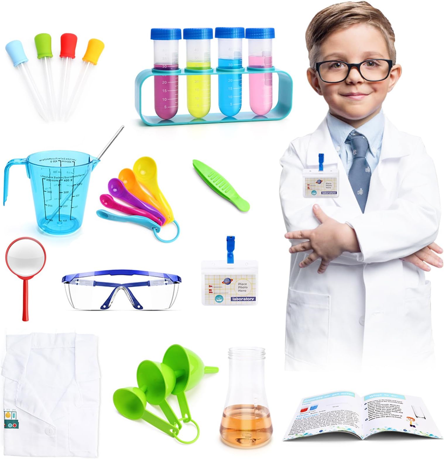 Scientist Costume Kids Halloween Costume for Kids Experiment Kit with Lab Coat Scientist Costume Dress Up and Role Play Toys Gift for Boys Girls Kids Age 3-11 Christmas Birthday Party
