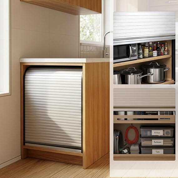 Roller Shutter Cabinet Door Tambour Sliding Cupboard Door with Side Tracks Space-Saving Privacy Cover for Kitchen, Office Storage, 50x60cm