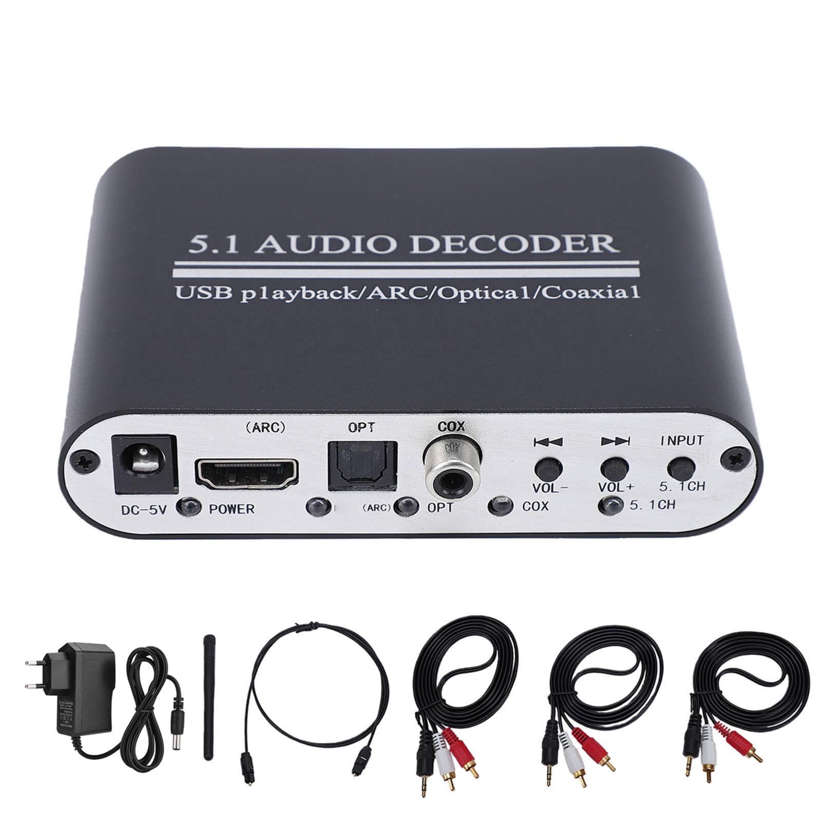 5.1 Dekoder Dźwięku Kanałowego Bluetooth 5.0 108x88x27mm (wtyczka | Stop Aluminiumowy, Optyczny Kabel Współosiowy ARC USB, DTS AC3 LPCM, Muzyka Filmowa Gamingowa, Cyfrowy na Analogowy
