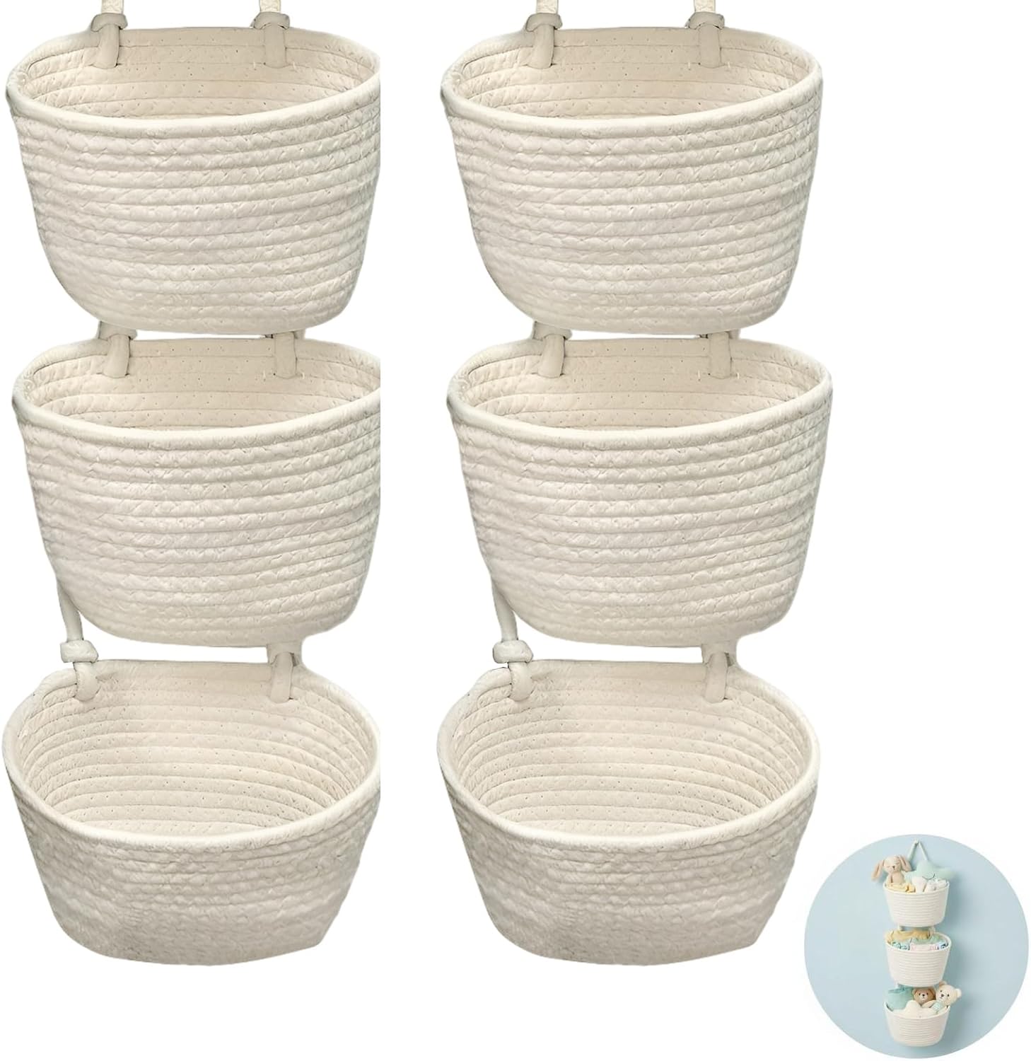 2 Pcs Boho New Home Basket, 3-Tier Woven Cotton Hanging Basket, Wall Mounted Storage Organizer, Over The Door Organizer for Bathroom, Closet, Bedroom