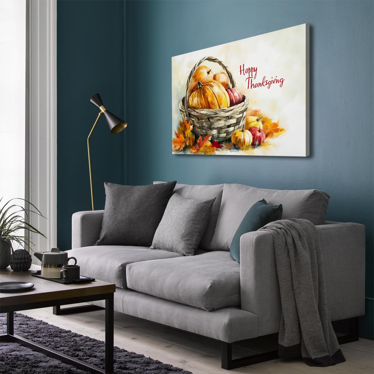 CHERHERART Dynie kosz jesienne liście obraz na płótnie wydruki na płótnie Święto Dziękczynienia sztuka ścienna plakat na jesień wystrój domu jadalni 87 x 118 cm rama wewnętrzna