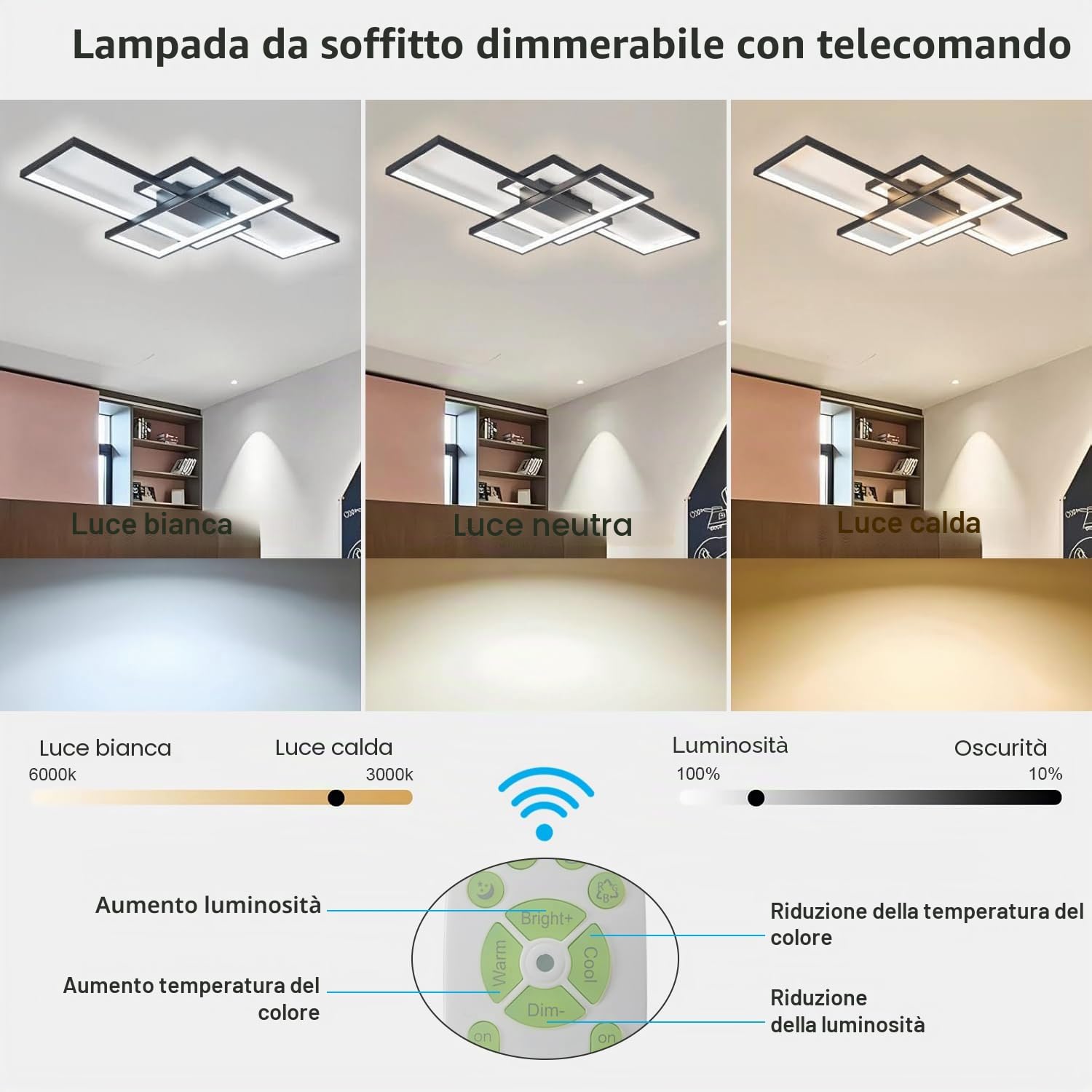 Plafoniera LED Soffitto, Dimmerabile 3000K-6000K lampadario camera da letto moderni con Telecomando, Applica A Decorativa Soggiorno Camera Da Letto Corridoio Cucina E Ufficio (nero, 90cm)