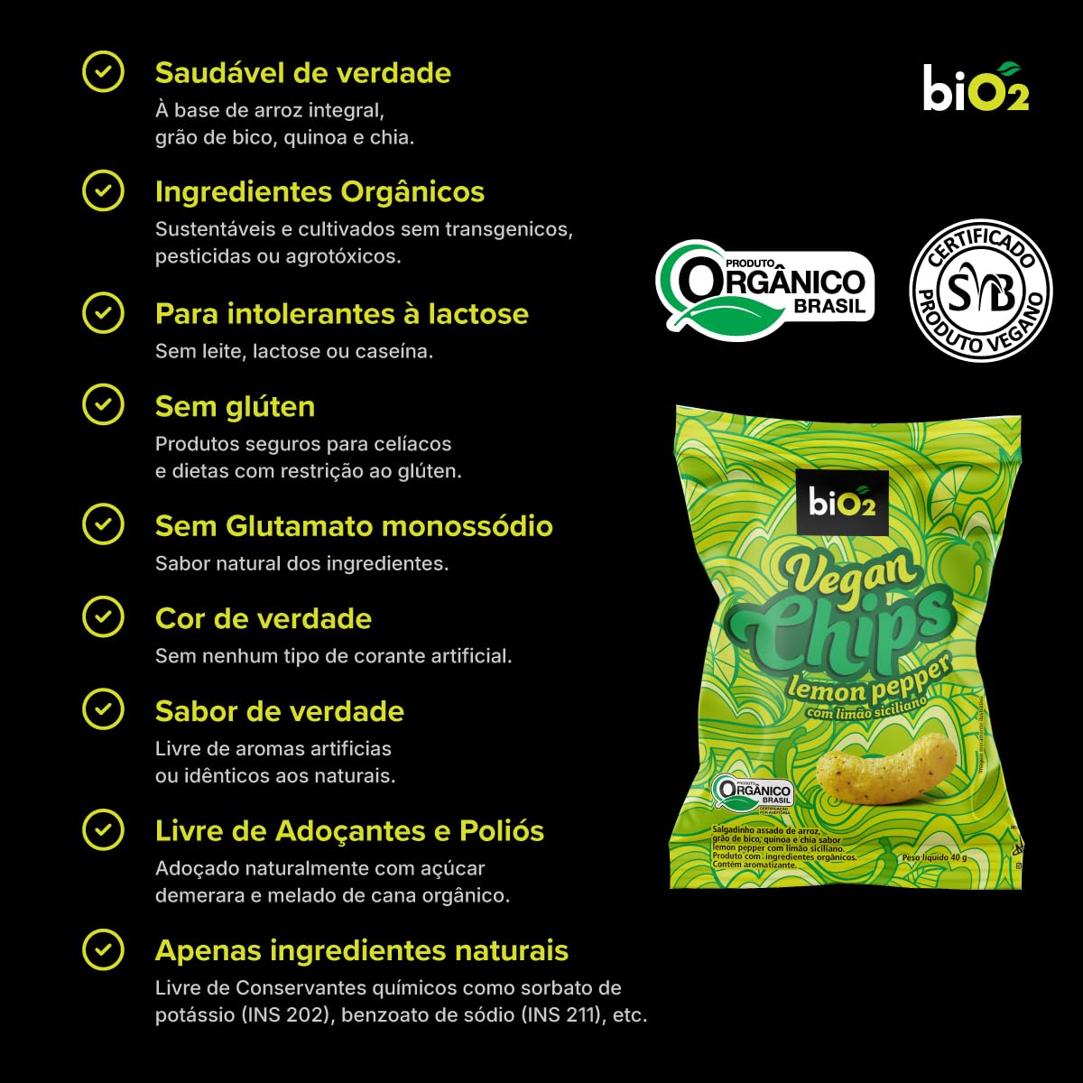 Salgadinho Orgânico biO2 Vegan Chips Lemon Pepper 40 g, Vegano e