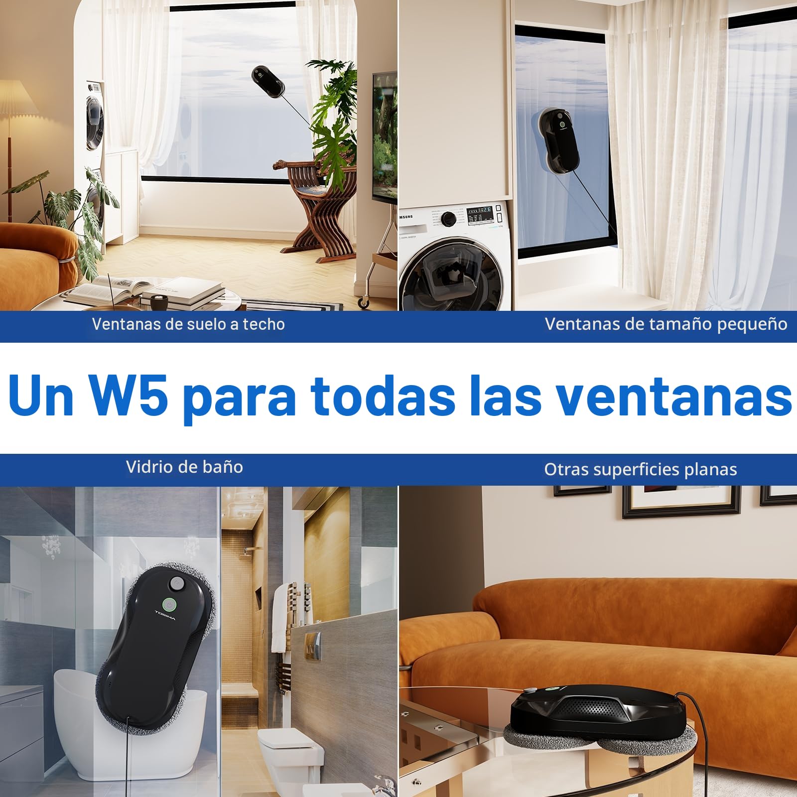Tosima W5 6400 Pa Robot de Limpieza de Ventanas, pulverizador ultrasónico Doble, Limpiador de Cristales automático, Control Remoto, 20 paños de Microfibra (Rojo)