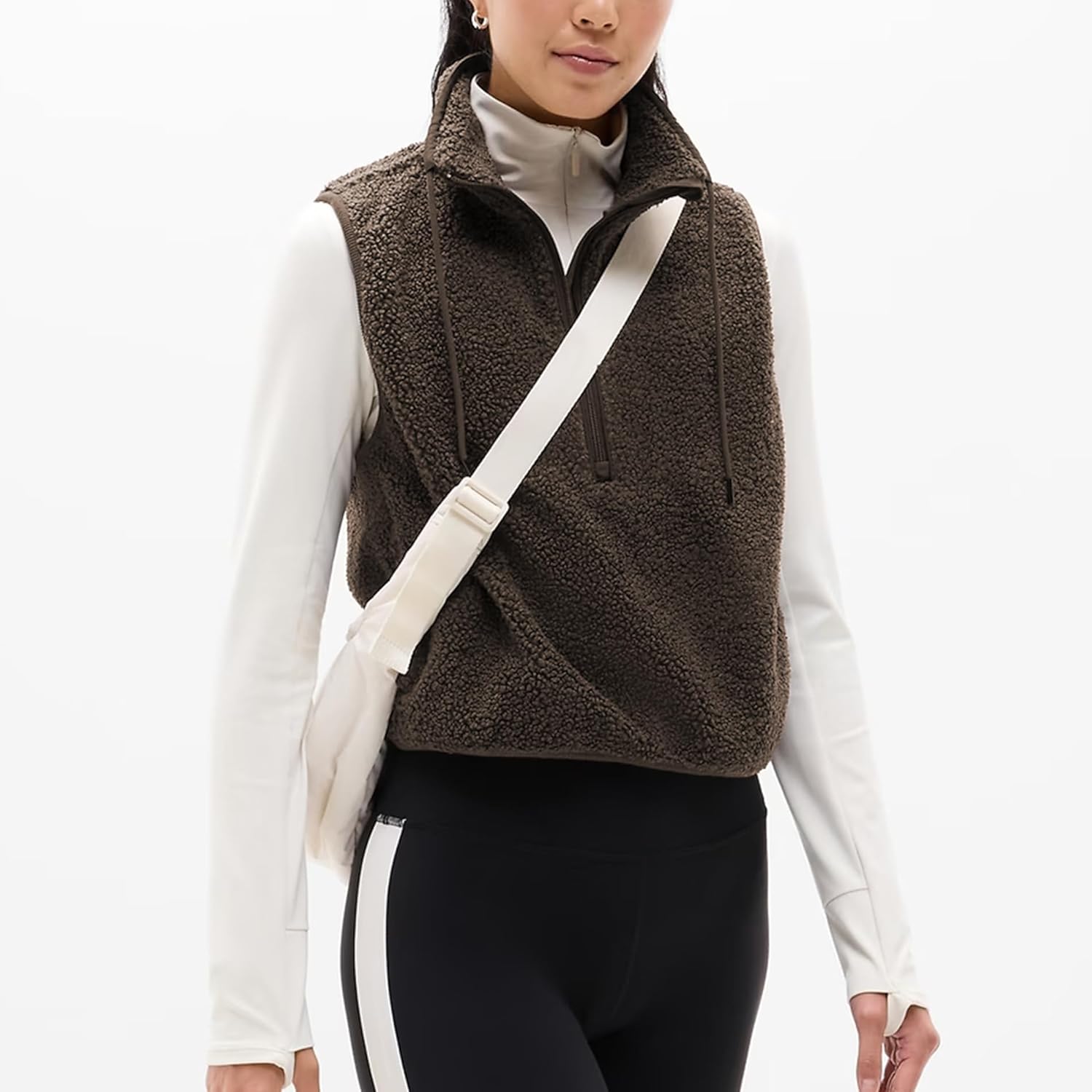 Songling Womens Fuzzy Fleece Vest High Neck Cropped Half Zip Up Warm Sherpa Vest Drawstring Pullover with Pockets - Image 5