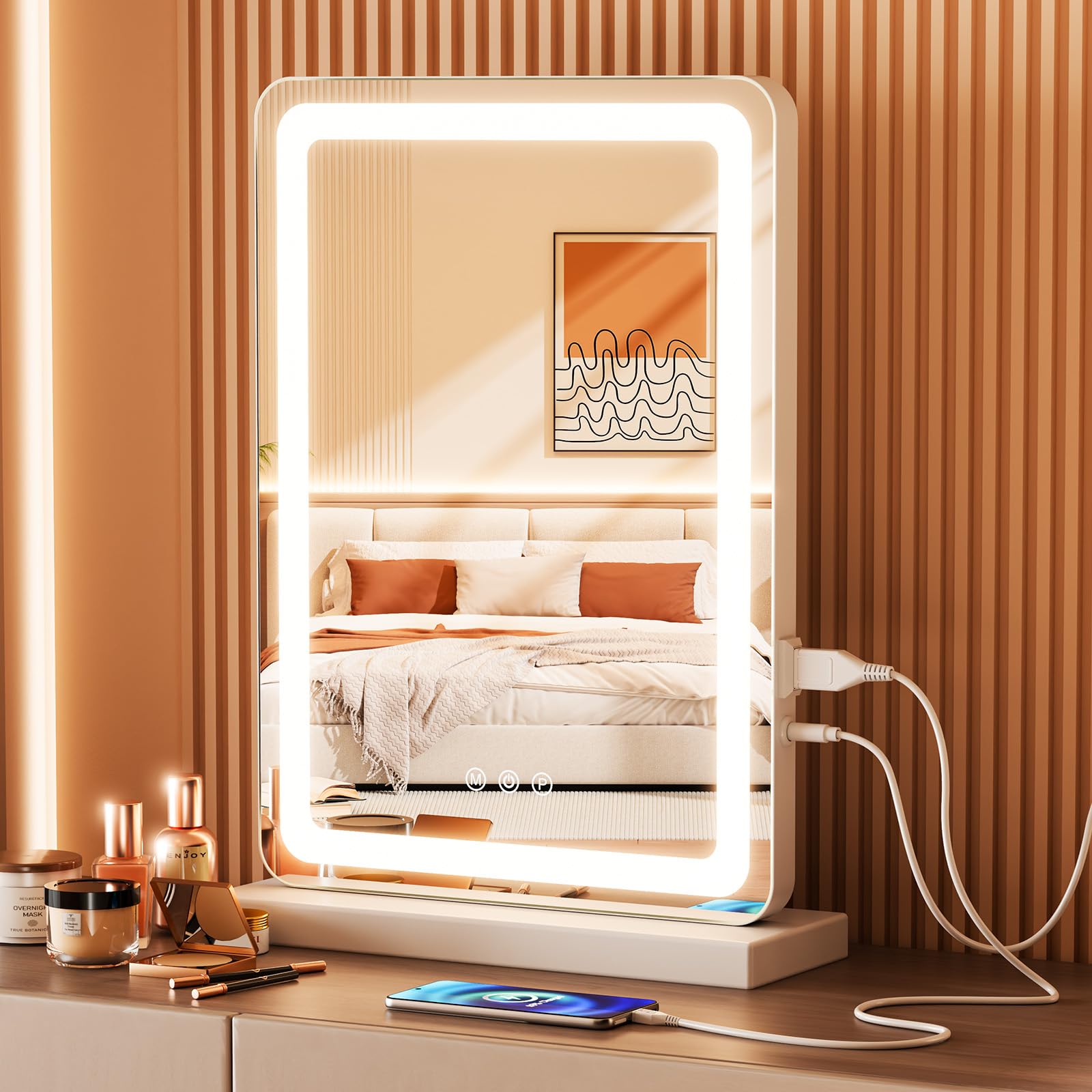 DUMOS 17"x13" LED Vanity Mirror with Lights, Dimmable 3 Color Modes Makeup Mirror with Memory Function, USB Charging, Aluminum Frame, Lighted Mirror
