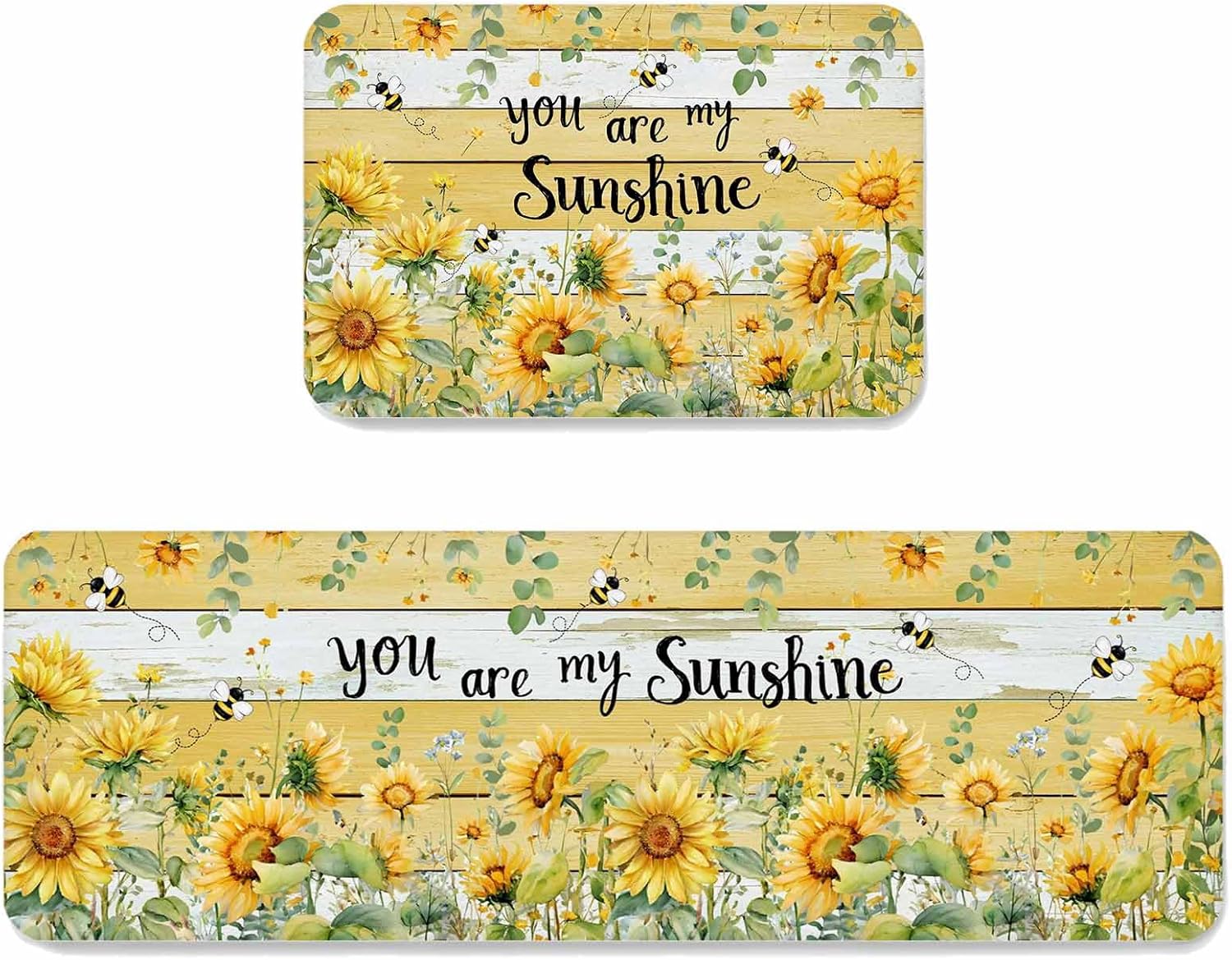 Prime Leader Summer Floral Kitchen Mat Set 2 Pieces Watercolor Sunflower Leaf Bee Yellow Wood Grain Non Slip Kitchen Rugs Washable Runner Rug Mats for Sink Laundry (15.7" x 23.6"+15.7" x 47.2")