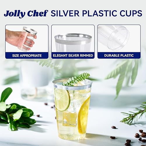 Miniatura 2 de Paquete de 100 vasos de plástico plateado, vasos de plástico transparente de 12 onzas, elegantes vasos de plástico con borde plateado, vasos