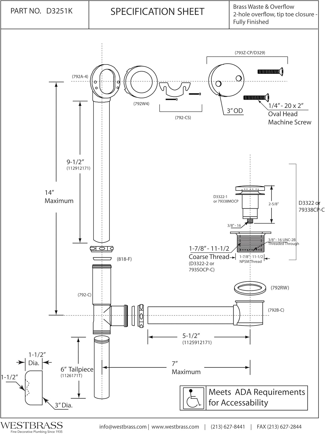 Westbrass 14" All Exposed 17 Gauge Brass Tip-Toe Drain Bath Waste and Overflow with 2-Hole Faceplate, Polished Chrome, D3251K-26