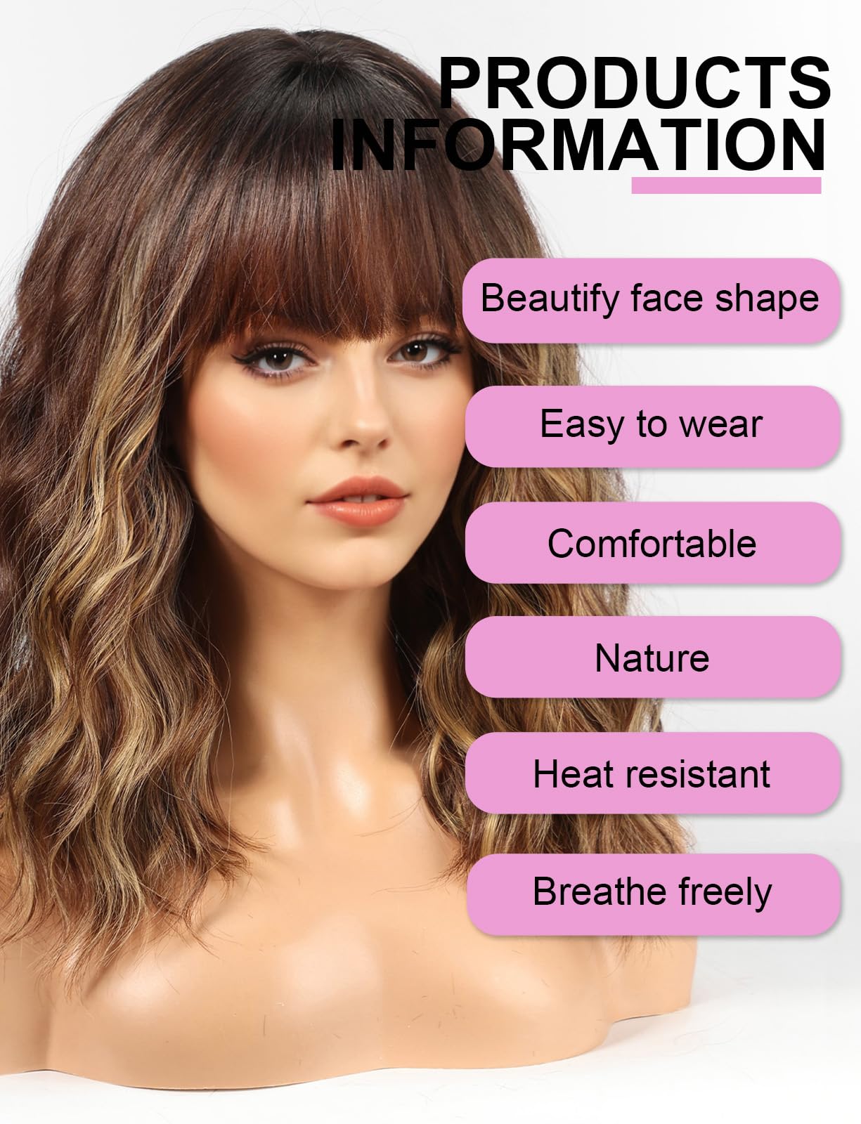 WOKESTAR Bob Wigs With Neat Fringe, Wavy Synthetic Wigs for Women Mixed Brown with Highlights Color, 22 inches - Image 2