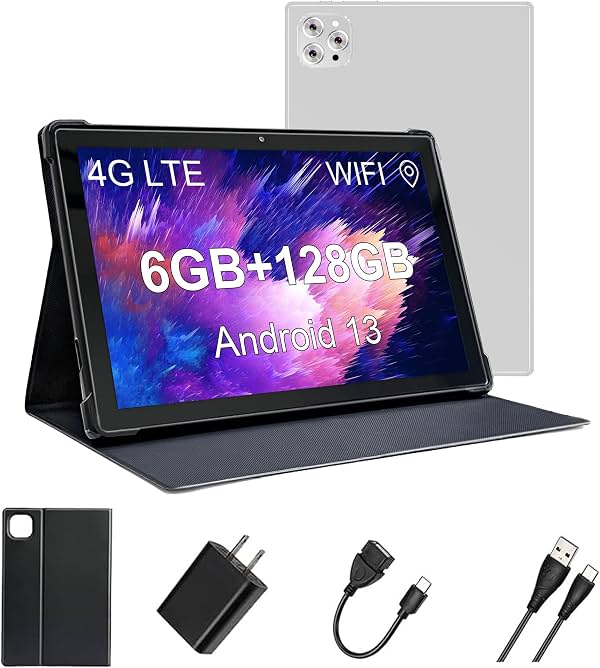 Tablet Android 13 con ranura para SIM, tablet grande de 10.1 pulgadas, tablet celular con funda, 4G LTE para llamadas, 6GB+128GB, WiFi 5G, GPS, BT5.0, 6000mAh