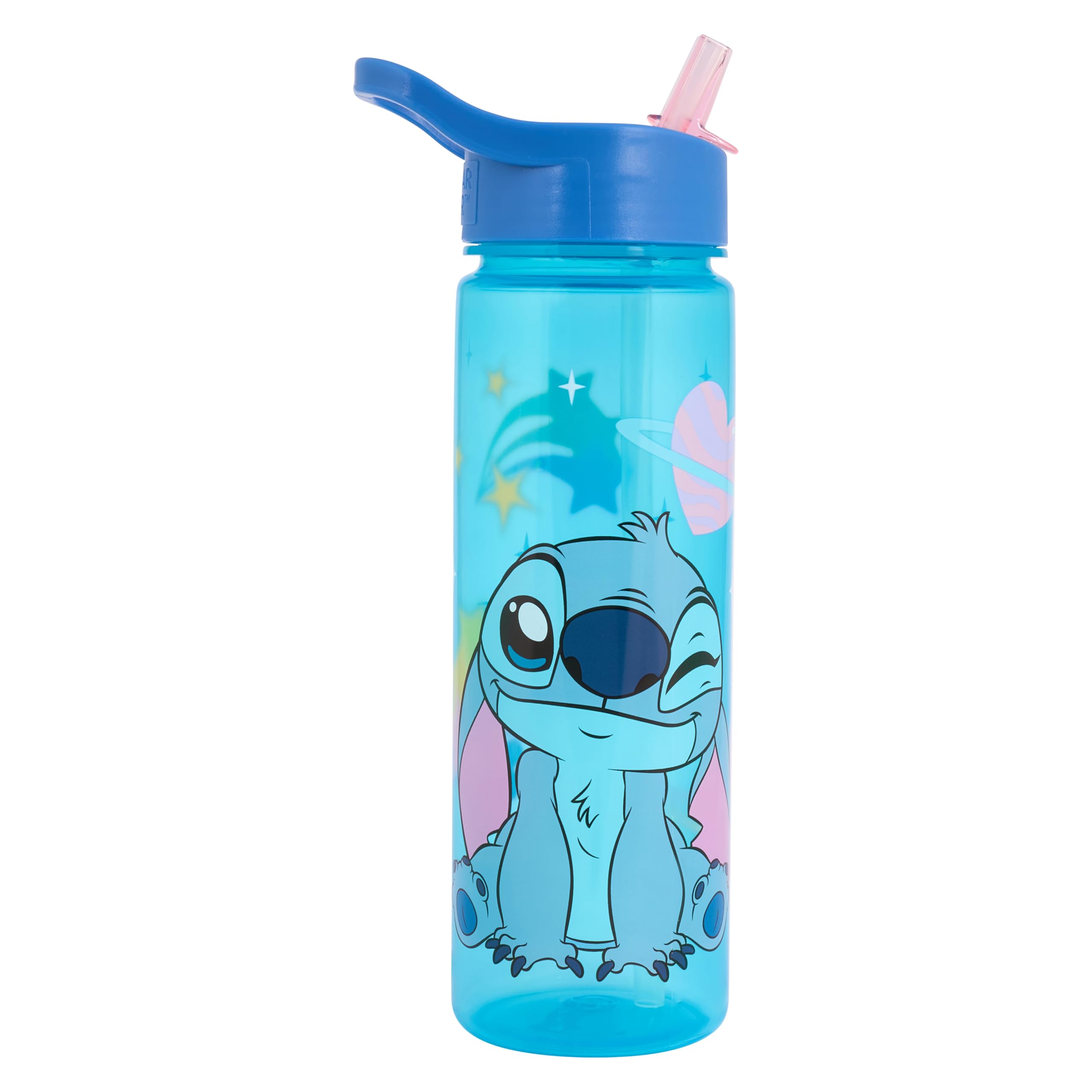 Disney Water Bottle with Flip Up Straw, Blue, 600ml, BPA Free, Recyclable, for Ages 36+ Months (Stitch)