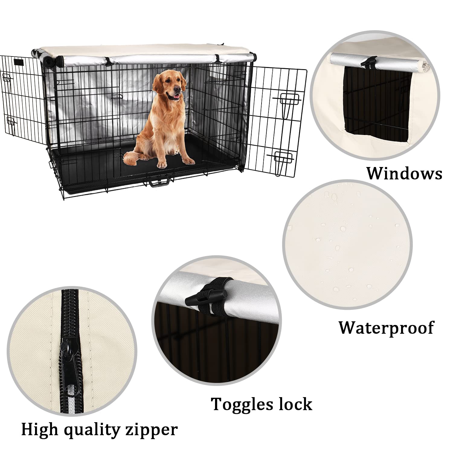 Copertura della Gabbia per Cani Impermeabile Resistente Leggera della Gabbia per Animali Domestici in Poliestere Copertura della Gabbia Esterna Interna per Cani Beige 48IN
