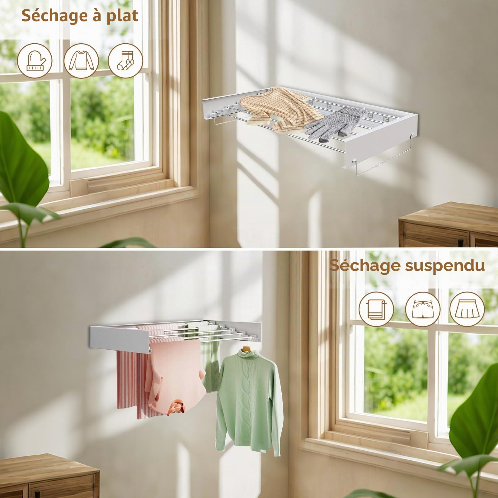 Séchoir à linge mural extensible - Charge maximale : 30 kg - Séchoir mural 80 x 40 x 10 cm - Pour l'intérieur ou l'extérieur - Peu encombrant - Design compact et fin - Blanc