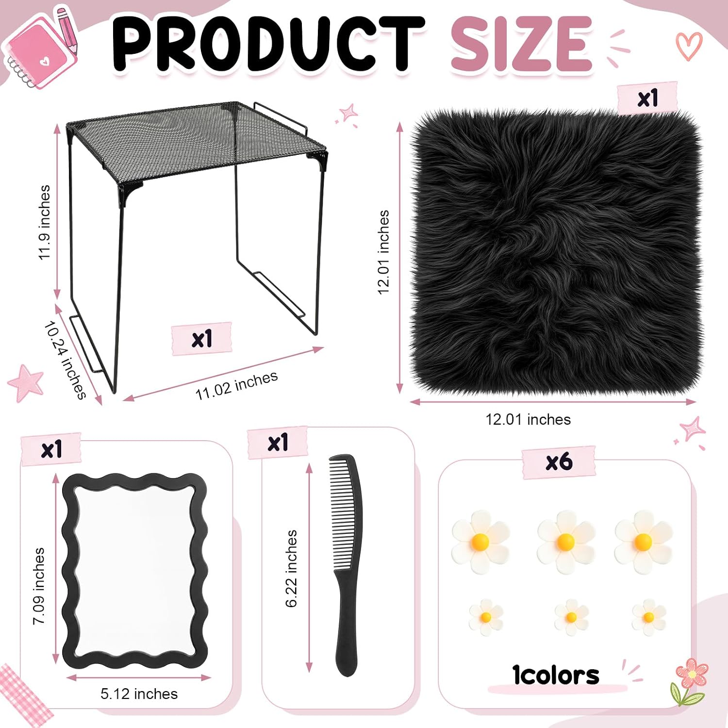 RattanView 10 Pcs Locker accessories Kit Magnetic Acrylic Mirror Plush Rug Small Comb 6 Flower Magnet Locker Organizer for Back to School Teen Student Girl Office Work Lockers Decoration Gift(Black) image 2
