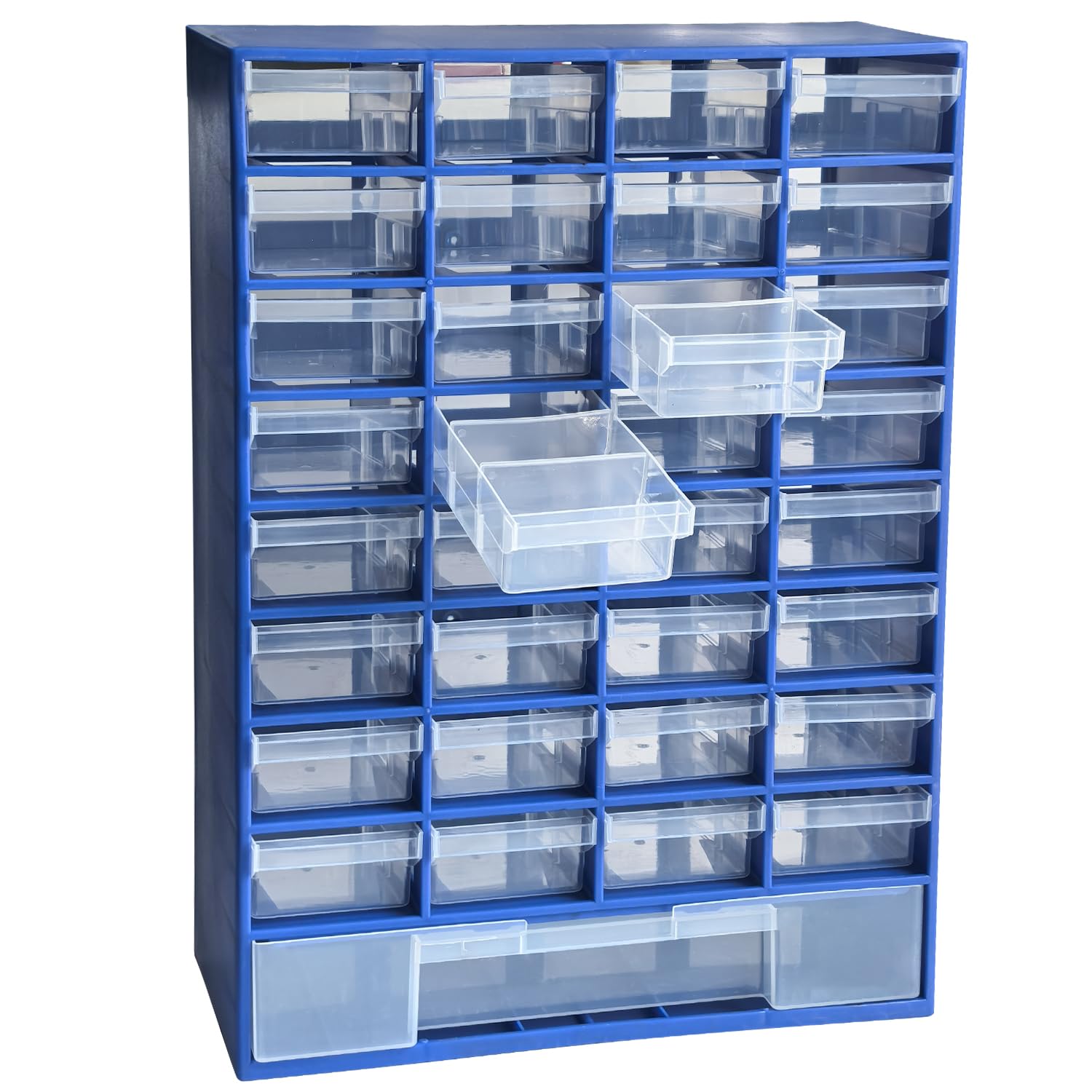 Organizador de piezas pequeñas de plástico de 33 cajones, contenedor de almacenamiento con cajones para hardware, piezas, manualidades, cuentas, 11.8 x 16.1 x 5.2 pulgadas (azul)