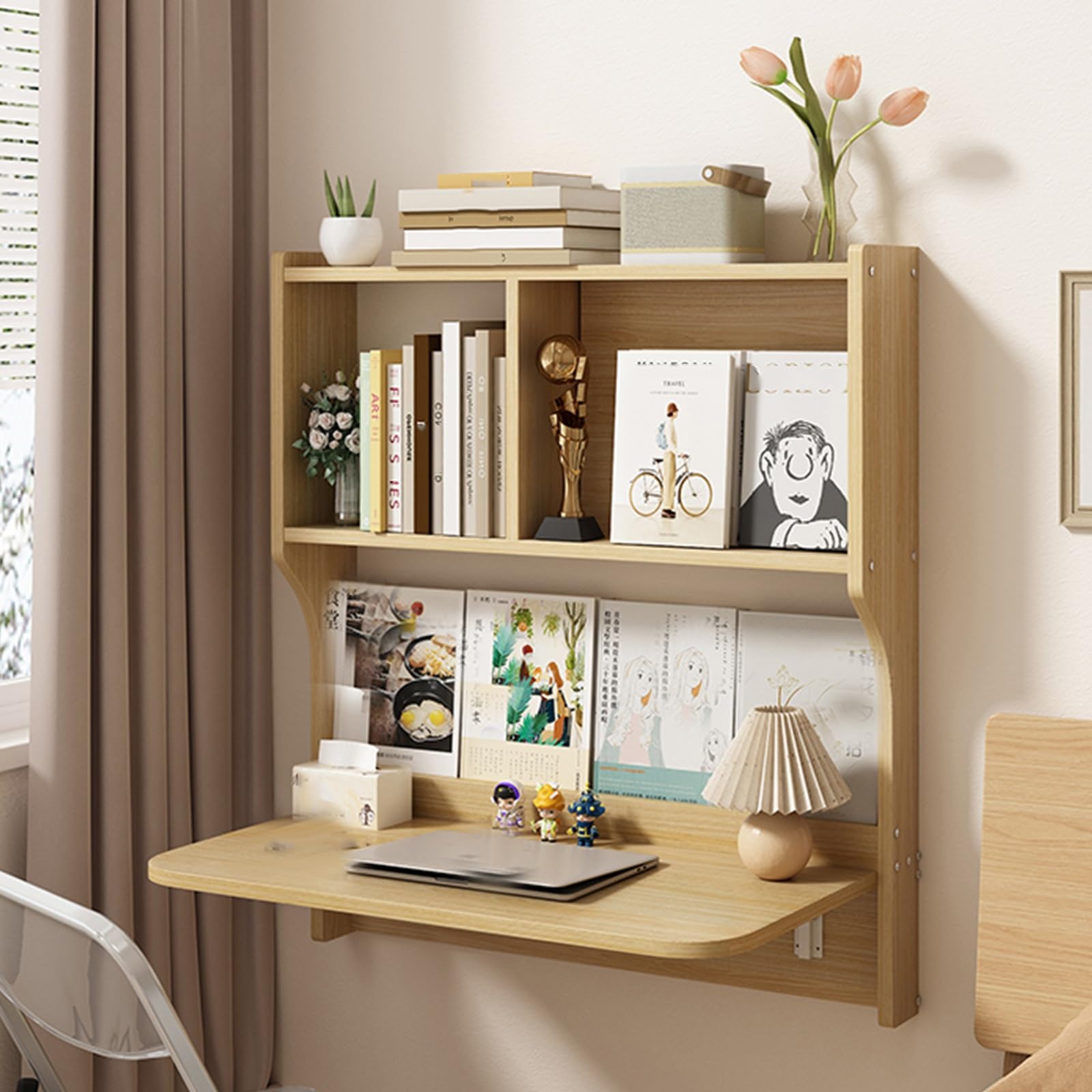 SEIFE Mesa de Pared Plegable de Madera，de Madera Mesa Ordenador Plegable de Pared，Estudio y Oficina Mesa pequeña Plegable，Almacenamiento Mesa montada en la Pared，Sala, balcón, Dormitorio(Wood)