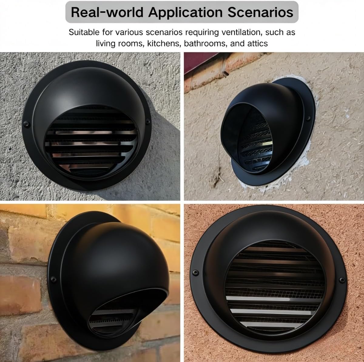 6 Inch Round Vent Cover, Metal Dryer Vent Cover, Black 304 Stainless Steel Air Vents for Wall, Soffit Exhaust Vents Grille Outside, Quick Snap in Insert Plus Free Gloves(180mm/7.1in)