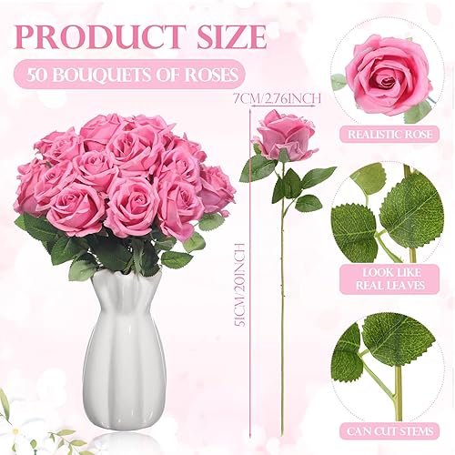Miniatura 2 de Jexine 50 Piezas Flores Rosas Artificiales a Granel Rosas de Seda Realistas Falsas con Tallo Largo Ramo de Flores Artificiales de Plástico de