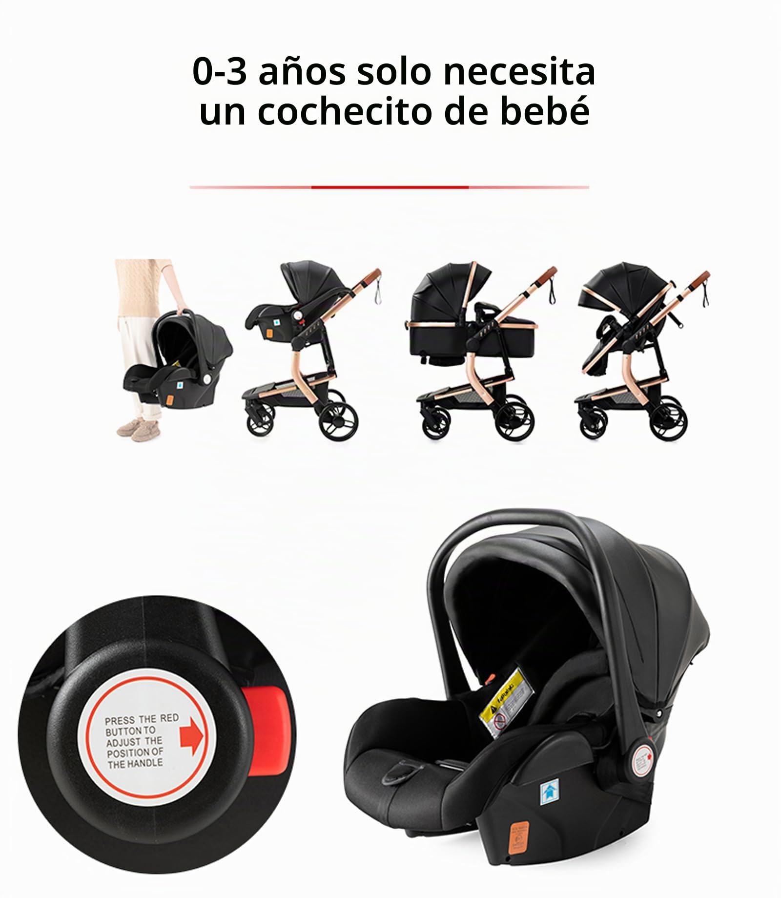 MoLi Cuero PU Carrito de Bebe 3 en 1, Carro Bebe 3 Piezas Plegado Conveniente con Un Solo Clic, Carrito Bebe con Modo de Doble Empuje Reversible, Cochecito Bebe 3 Piezas Paisaje Alto (518 Black)