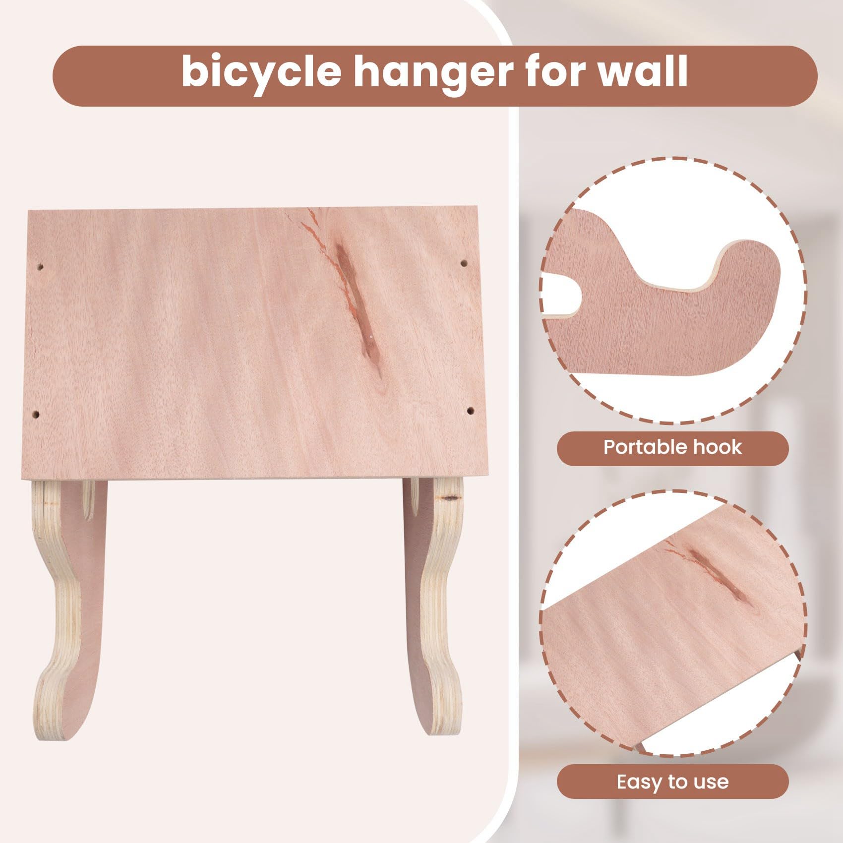 2X Estante Pared para Bicicleta, Colgadores Pared para Bicicleta Montaña y Carretera, para Colgar Bicicletas Madera para Interiores, Soporte para Almacenamiento Bicicletas