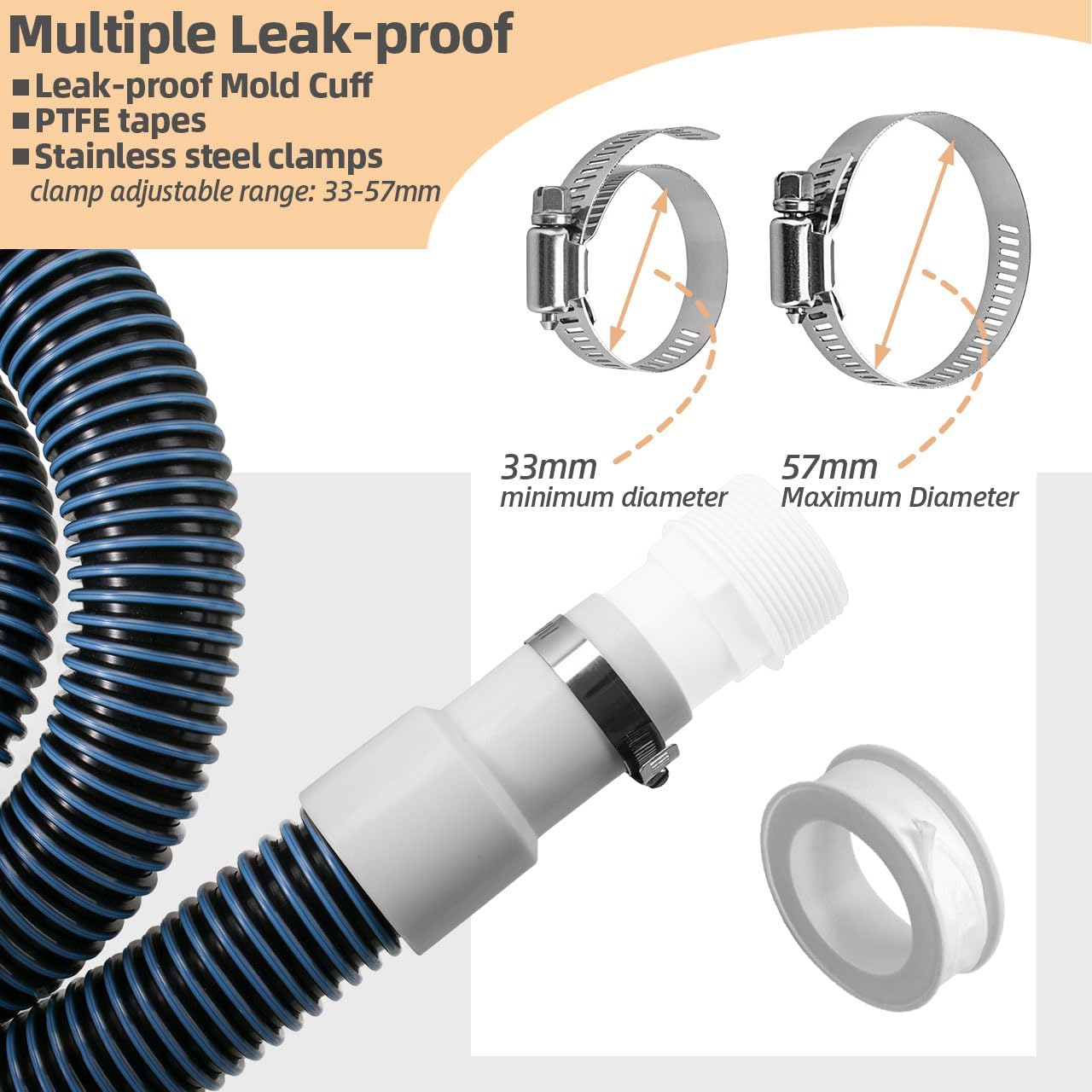 1.5" 6ft Pool Filter Pump Hose Kit for Above Ground Swimming Pools Vacuum Skimmer 1 1/2" Hose Replacement & 1 1/2 to 1 1/4 Pool Hose Adapter Fittings - 2 Pool Hoses, 2 Adapters, 4 Clamps, 2 PTFE Tapes