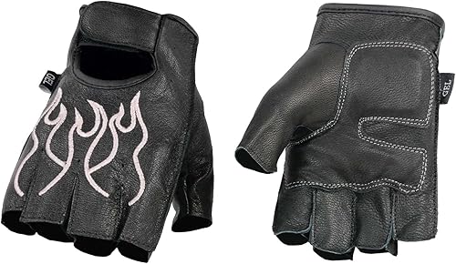 Miniatura 9 de Milwaukee Leather SH198 - Guantes de mano para motocicleta sin dedos acolchados de gel de cuero negro con llama naranja bordada