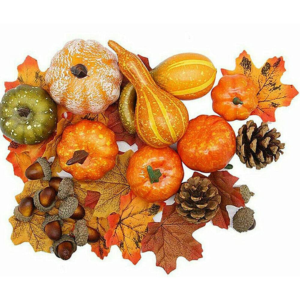 BAQI 50 Pieces Halloween Thanksgiving Artificial Pumpkins Home Decoration Set, 50Pcs Artificial Harvest Decoration of Fake Maple Leaves, Acorns, Pine Cones, Pumpkins