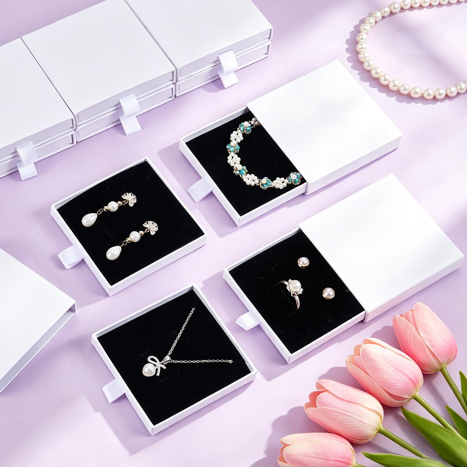Schmuck-Geschenkboxen aus weißem Karton, 9 x 9 x 1,7 cm, quadratisch, für Halsketten, Armbänder, Ohrringe, Organizer, kleine Schublade, Geschenkbox mit Deckel und Schwamm für Halsketten