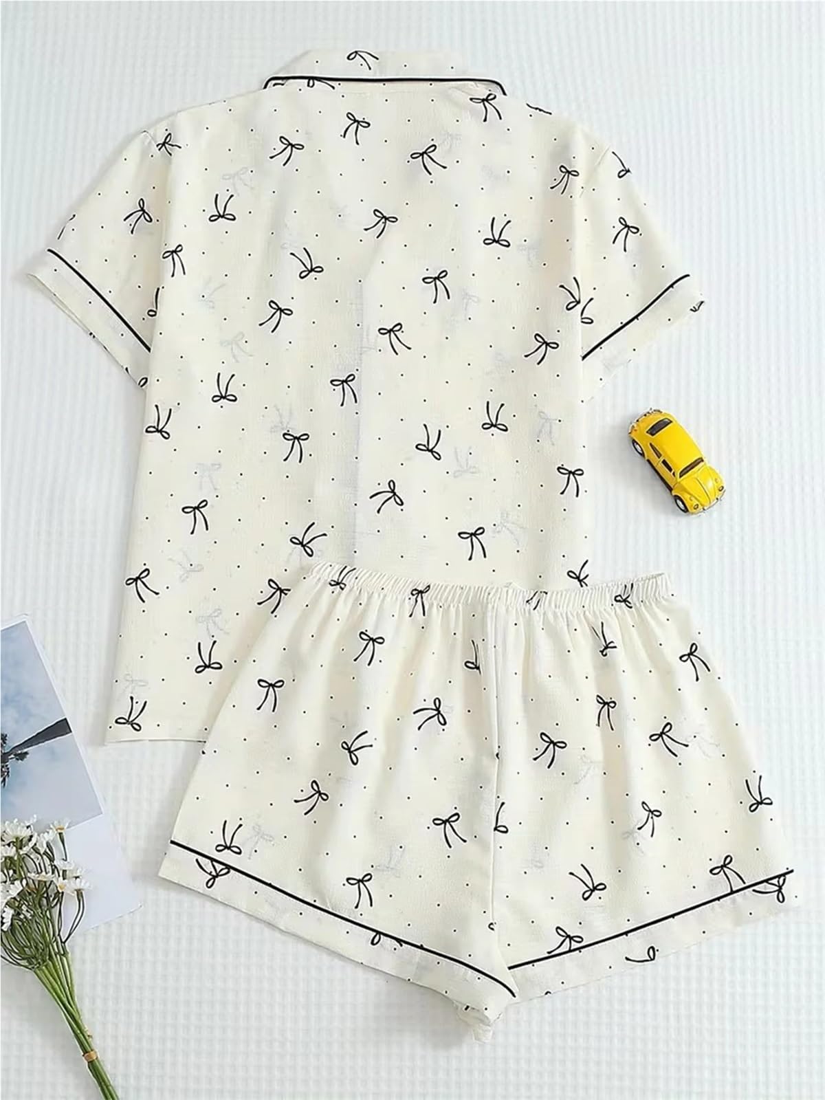 Loungewear Mujer Pijamas Cárdigan Solapa Pantalones Cortos de Manga Corta Conjunto Lunares Dos Piezas para Descanso en casa