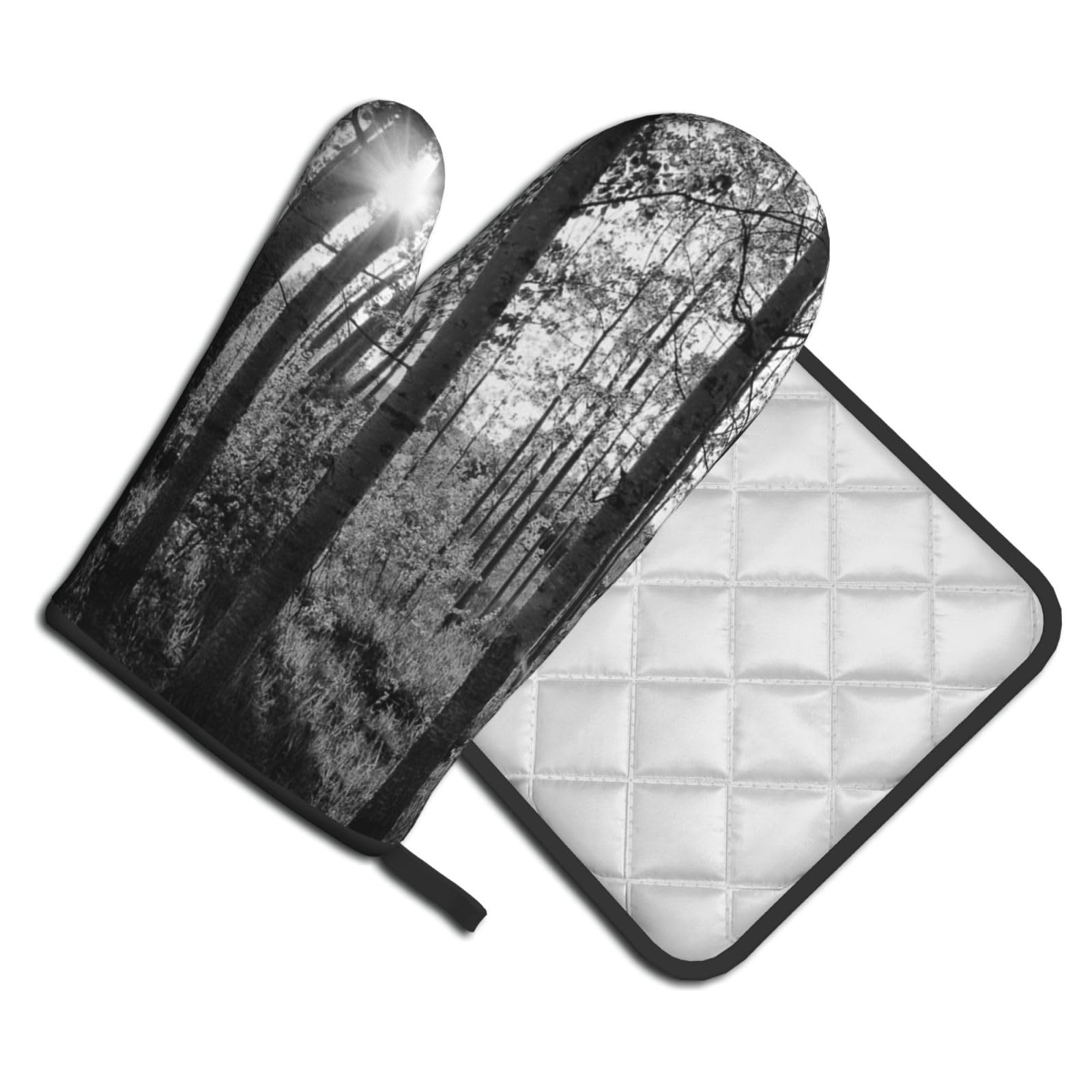 Oven Mitts and Pot Holders Set of 2 Pcs, Sunlight Through Birch Trees Printed Heat Resistant Kitchen Gloves Potholders for Cooking Baking Grilling