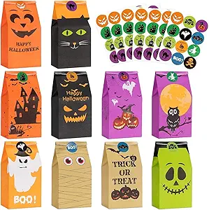 Halloween Treats Bags Party Favors - 50 Pcs Kids Halloween Candy Bags for Trick or Treating + 60 Pcs Halloween Stickers, Mini Paper Gift Bags for Treats Snacks, Halloween Goodie Bags Party Supplies