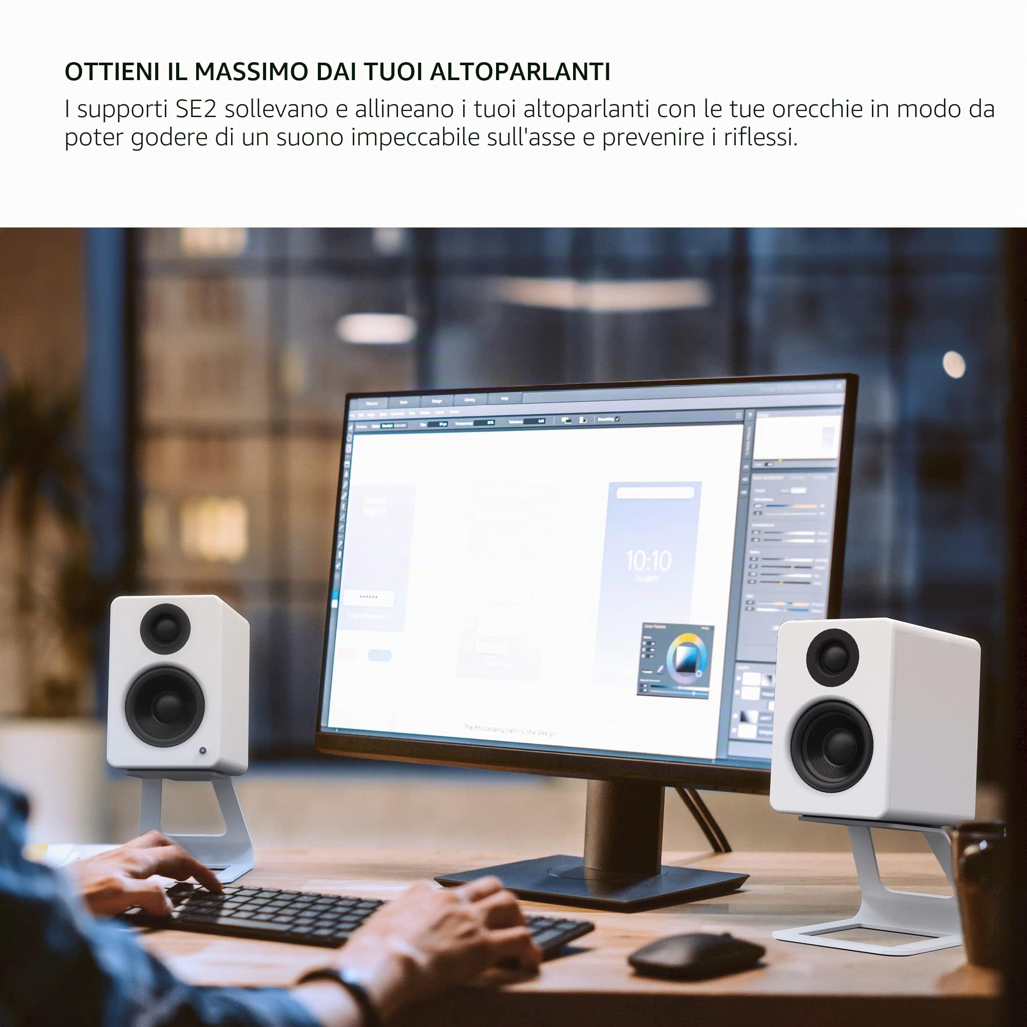 Kanto SE2W Elevated Desktop Speaker Stands for Small Speakers & Compact 2”-3” Studio Monitors | 3.8” Tall | Supports 3.2 kg | Silicone Padding | Pair | White