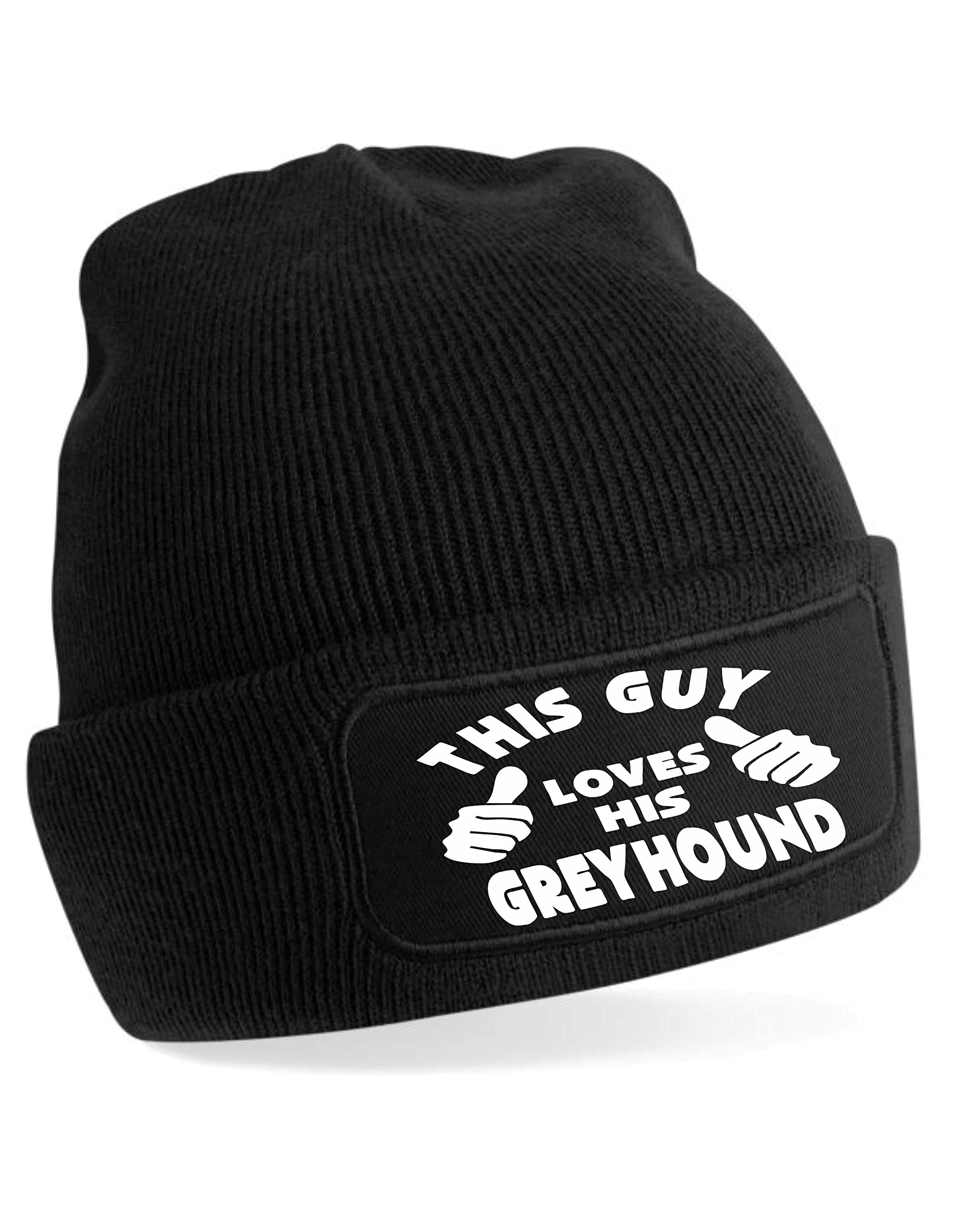 Print4u Women's Black This Guy Loves His Greyhound Beanie Hat Funny Dog Lovers Gift For Men
