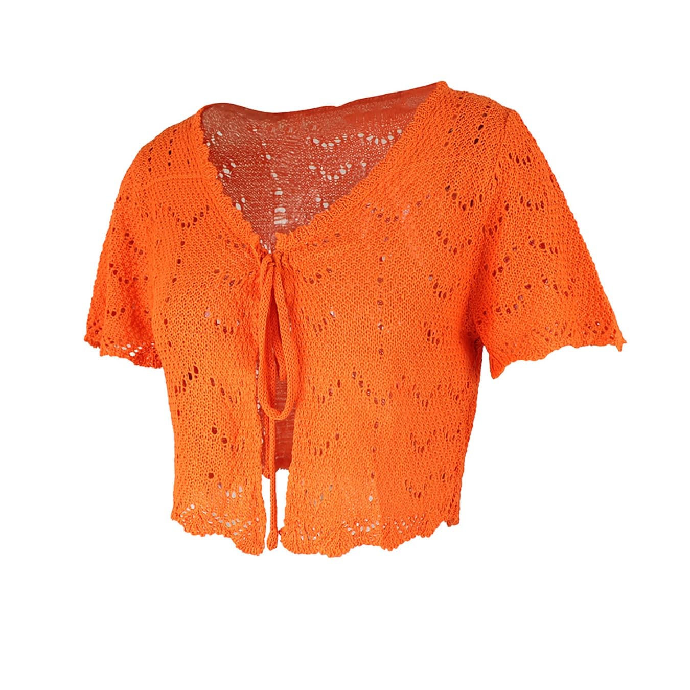 LIUYUYOUGO Womens Crochet Knitted Short Sleeve Shrug Cardigan Bolero Top V-Neck Tie Front Knit Shirts Lightweight Sweater Crochet Cropped Tops Casual Hollow Beach Coverup Orange L