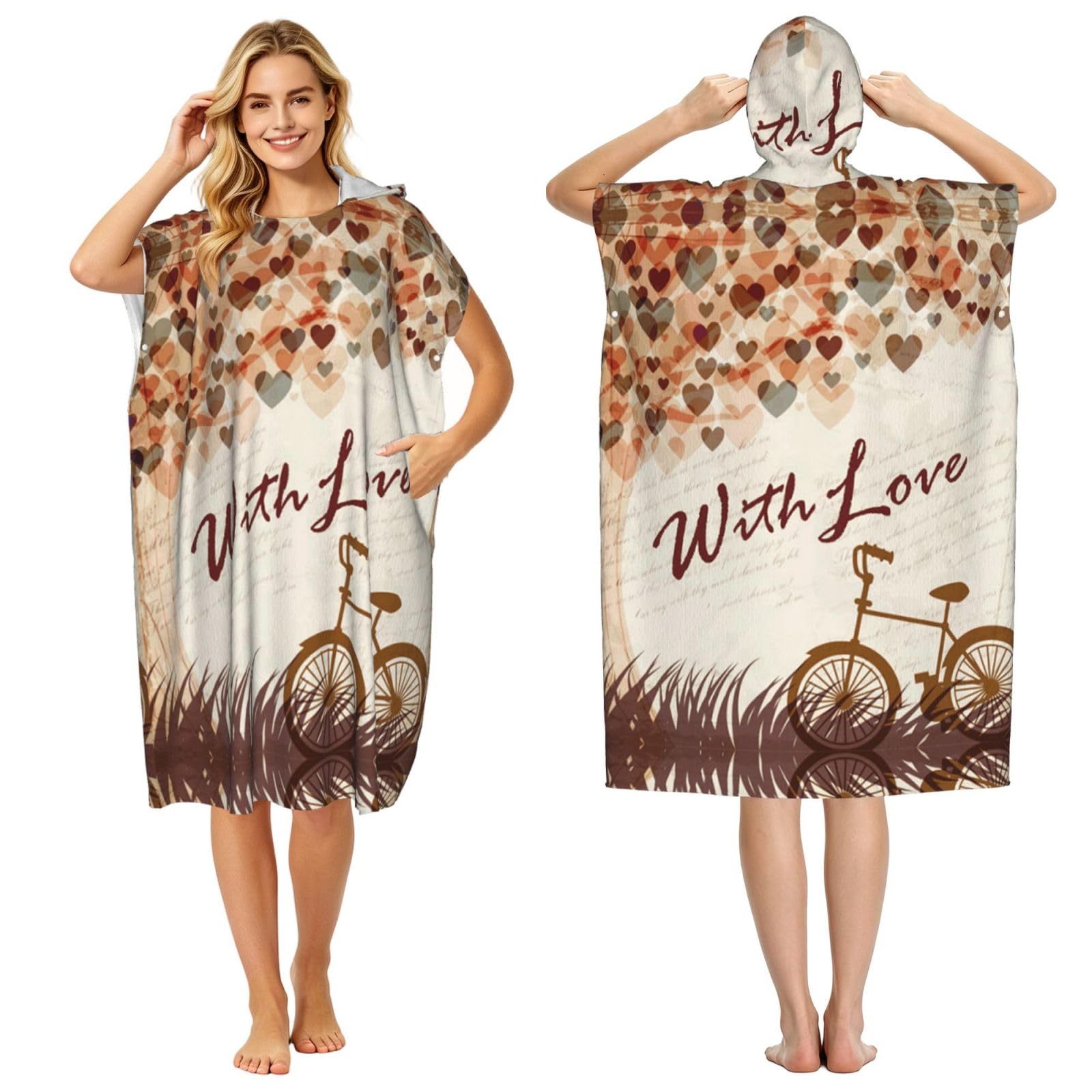 Poncho à capuche en microfibre serviette de plage imprimé vélo et arbre pour adulte