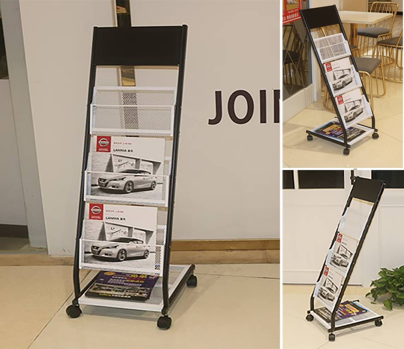 Espositore da Terra Rastrello per la Rivista per Pavimenti con Ruote, 4 Organizzatore di Letteratura Volantini a 4 Tasche per Ospedali/Uffici, Porta di Informazioni in Metallo Multiuso