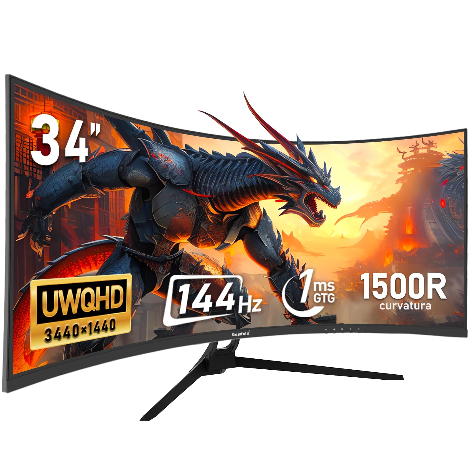 Gawfolk 34 Inch Ultrawide Curved 144Hz Gaming Computer Monitor 1500R PC Screen 21:9 UWQHD (3440x1440),Adaptive Sync,178° Viewing Angle,Display Port、HDMI2.0,Compatible with Wall mounting - Black