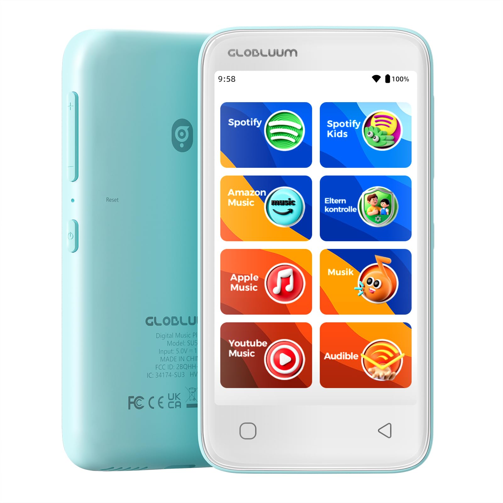 MP3-Player für Kinder, Kindersicherung, 16GB, unterstützt Spotify und Audible, Bluetooth und WLAN (Minzgrün) DE